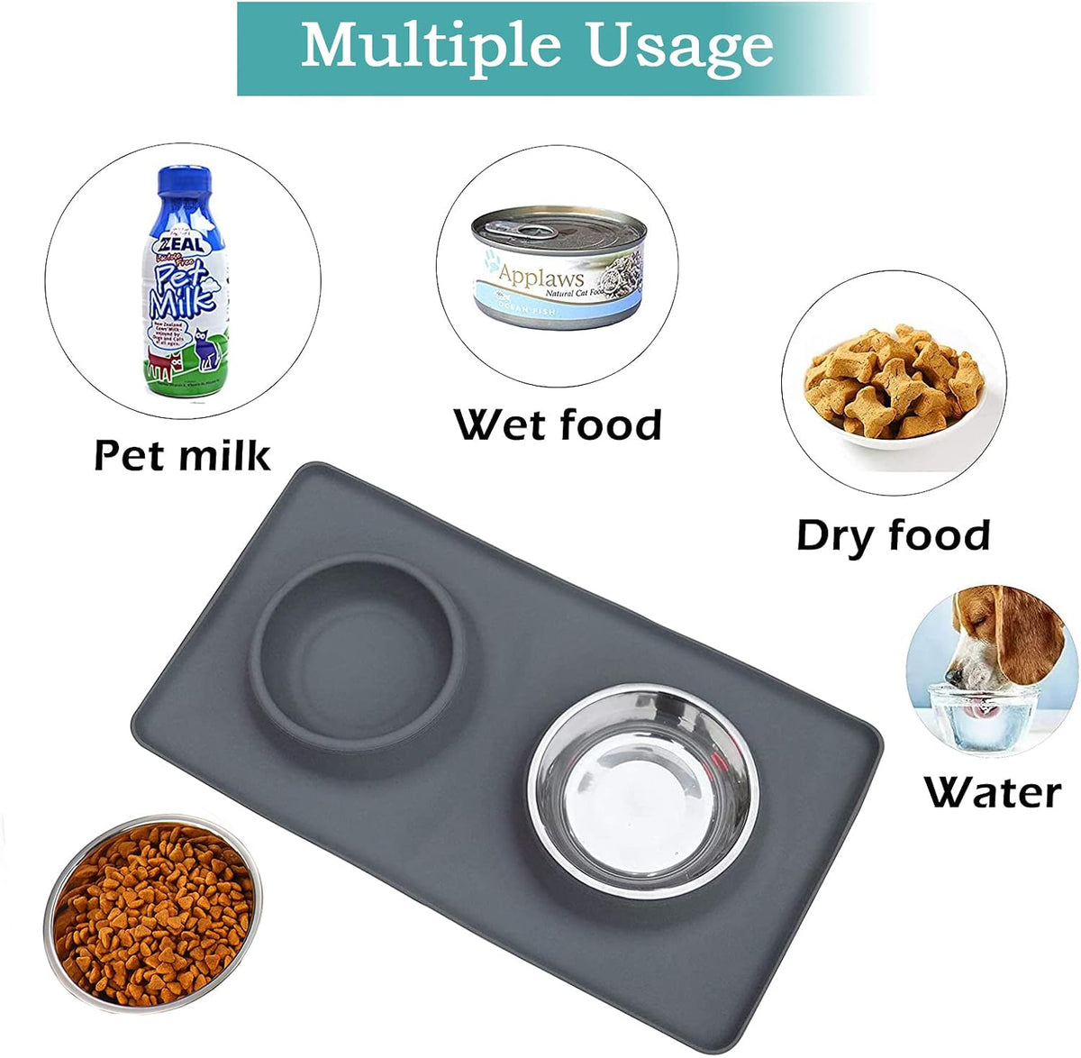 Dog Bowls, Dog Food and Water Bowl Set with Large No Spill Silicone Mat, Cat Bowls for Indoor Cats, Non-Skid Dog Dishes for Small Medium Dogs, Double Stainless Steel Pet Feeding Essentials