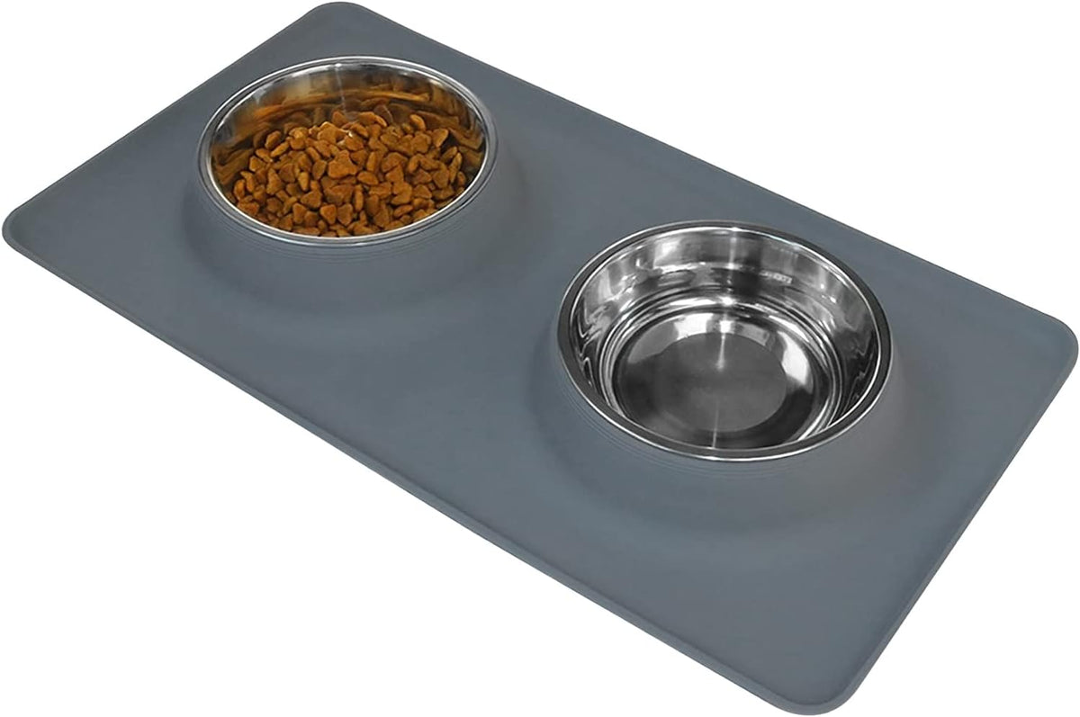 Dog Bowls, Dog Food and Water Bowl Set with Large No Spill Silicone Mat, Cat Bowls for Indoor Cats, Non-Skid Dog Dishes for Small Medium Dogs, Double Stainless Steel Pet Feeding Essentials