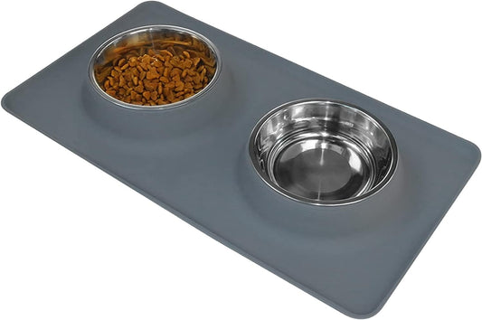 Dog Bowls, Dog Food and Water Bowl Set with Large No Spill Silicone Mat, Cat Bowls for Indoor Cats, Non-Skid Dog Dishes for Small Medium Dogs, Double Stainless Steel Pet Feeding Essentials