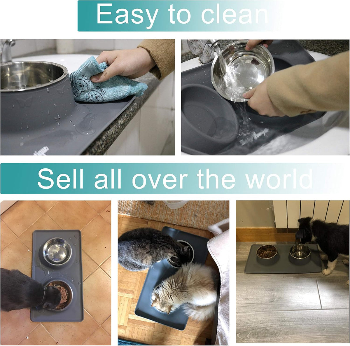 Dog Bowls, Dog Food and Water Bowl Set with Large No Spill Silicone Mat, Cat Bowls for Indoor Cats, Non-Skid Dog Dishes for Small Medium Dogs, Double Stainless Steel Pet Feeding Essentials