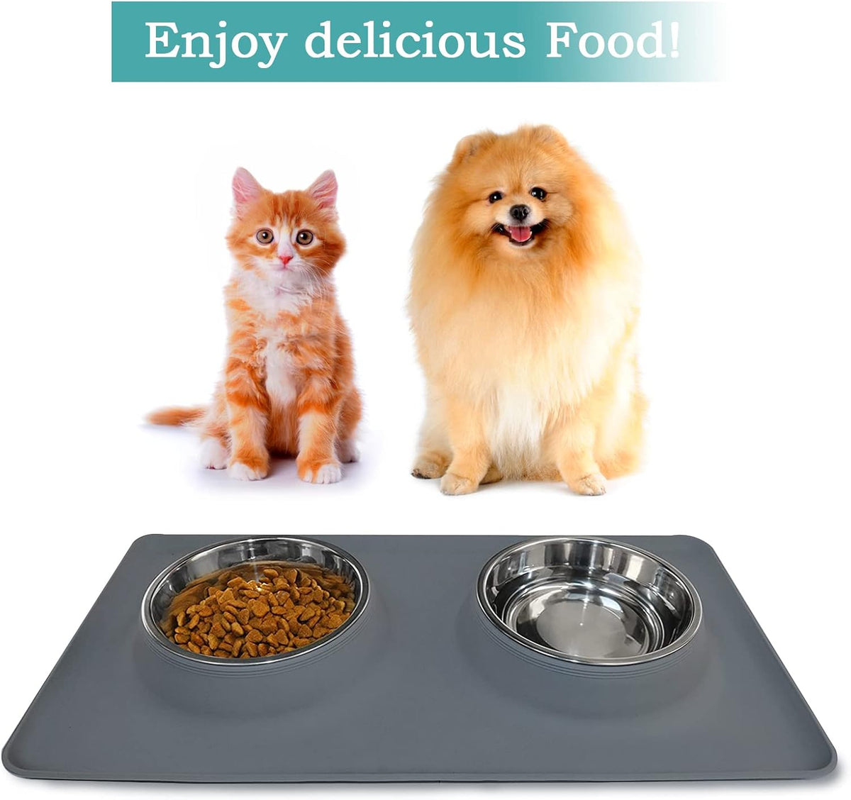 Dog Bowls, Dog Food and Water Bowl Set with Large No Spill Silicone Mat, Cat Bowls for Indoor Cats, Non-Skid Dog Dishes for Small Medium Dogs, Double Stainless Steel Pet Feeding Essentials
