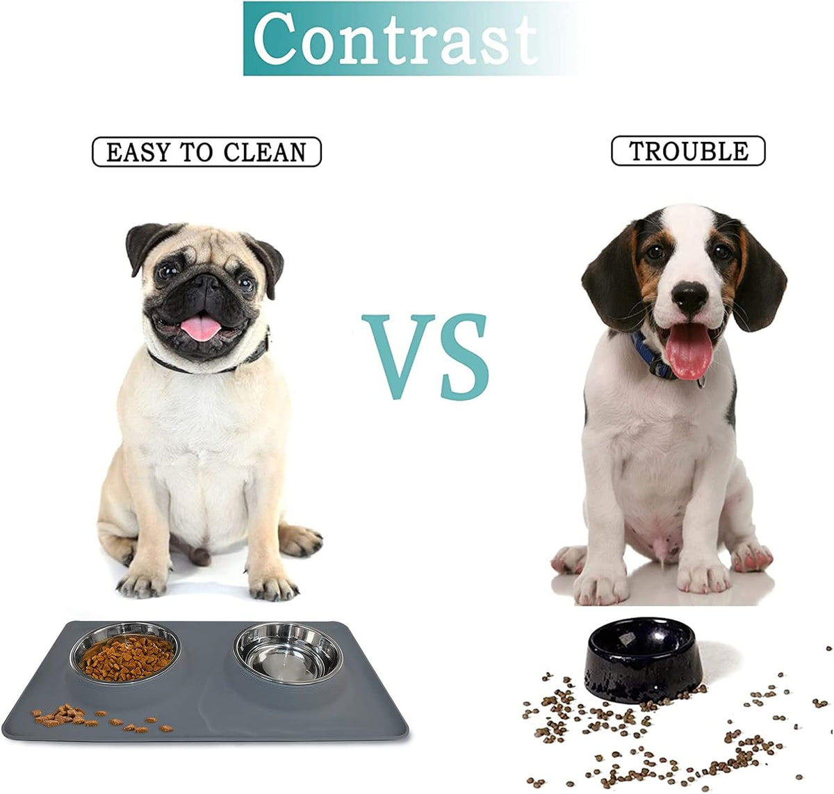 Dog Bowls, Dog Food and Water Bowl Set with Large No Spill Silicone Mat, Cat Bowls for Indoor Cats, Non-Skid Dog Dishes for Small Medium Dogs, Double Stainless Steel Pet Feeding Essentials