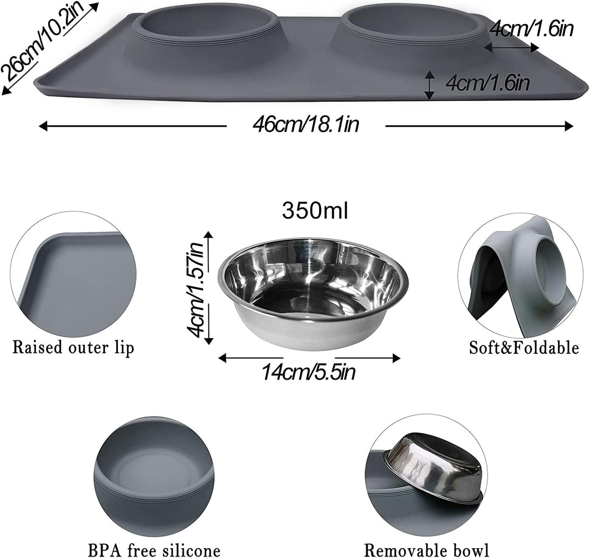 Dog Bowls, Dog Food and Water Bowl Set with Large No Spill Silicone Mat, Cat Bowls for Indoor Cats, Non-Skid Dog Dishes for Small Medium Dogs, Double Stainless Steel Pet Feeding Essentials